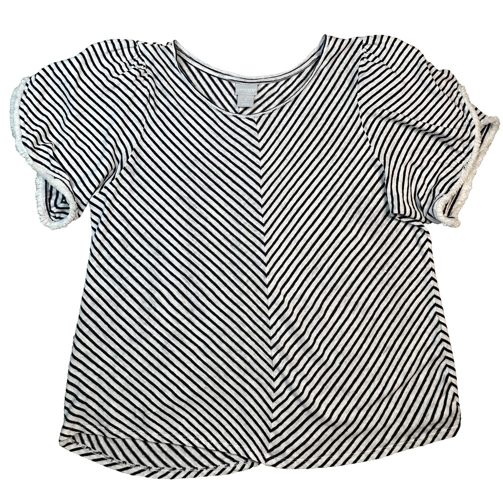 Chicos Women's Linen‎ Short Sleeve Top Nautical Navy White Stripe Fringed Size 2